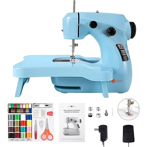 HTVRONT Mini Sewing Machine for Beginners - Portable, Dual Speed, 42 Pcs Sewing Set, Extension Table, Foot Pedal, Light