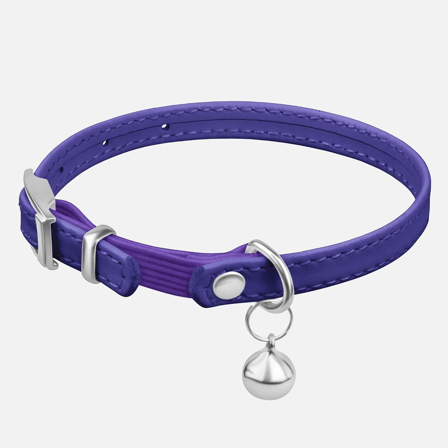 CollarDirect Leather Cat Collar with Elastic Safety Strap and Bell for Boy, Girl, Kitten (Neck Fit 6"-7", Purple)