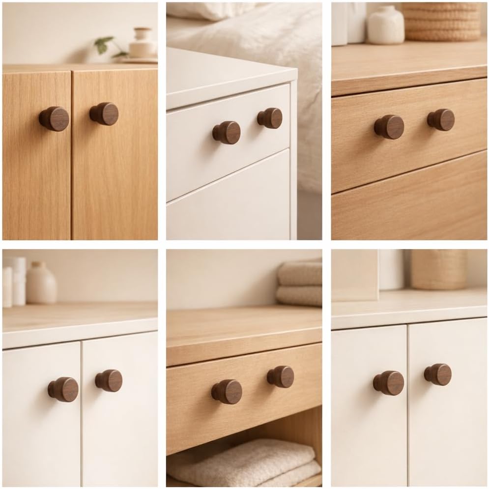 Mid Century Modern Walnut Mushroom Knobs for Cabinet,Drawer,Dresser and Closet Doors.Round Vintage Brown Wooden Crafts Furniture Knobs,Pulls and Handles (1.38‘’ Round Knobs, 10)