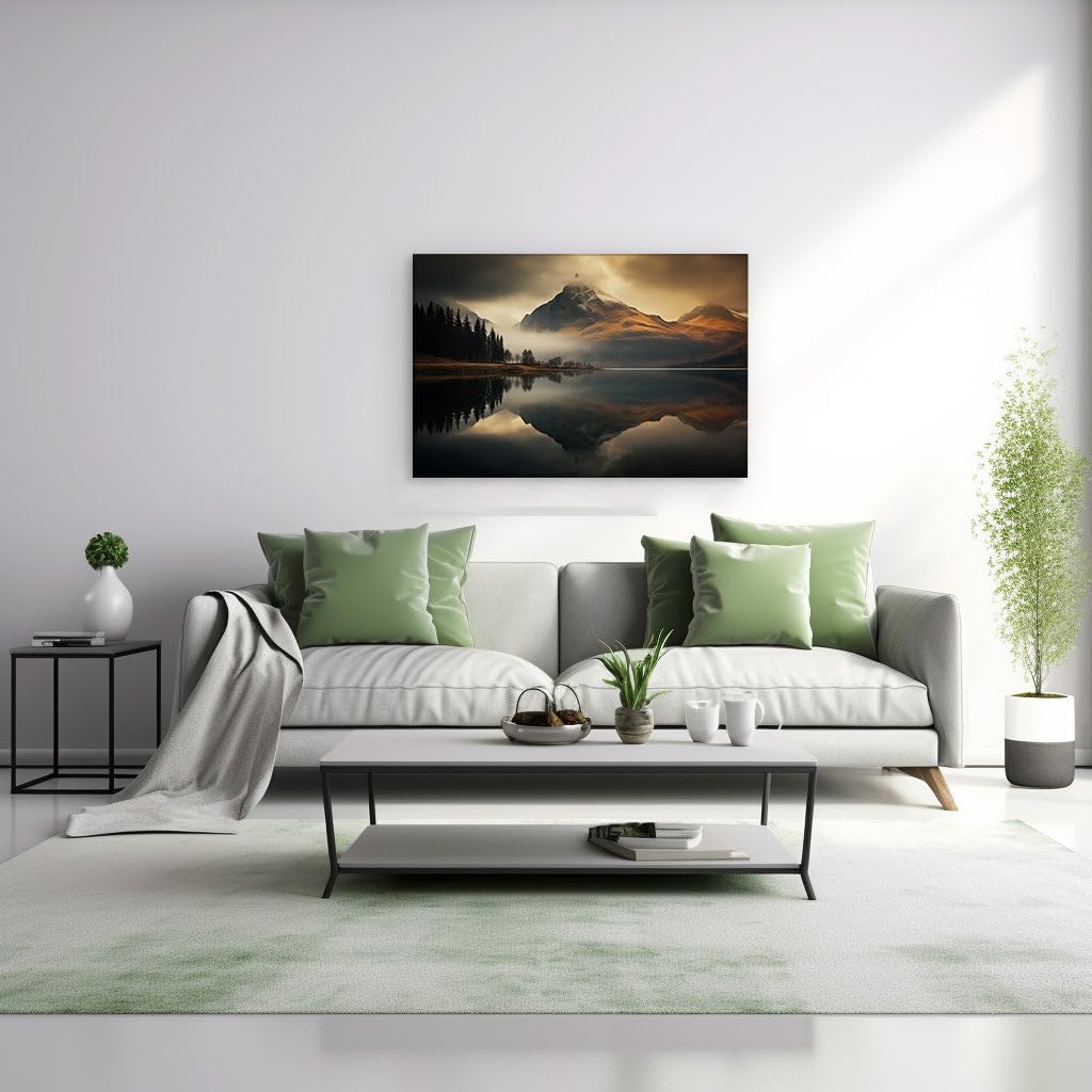 Canvas for Living room. Reflective Haven: A Perfect Harmony of Nature's Serenity and Majestic Mountains, 27 x 18 inch Canvas Wall Art - Contemporary Masterpieces - Modern Home Decor