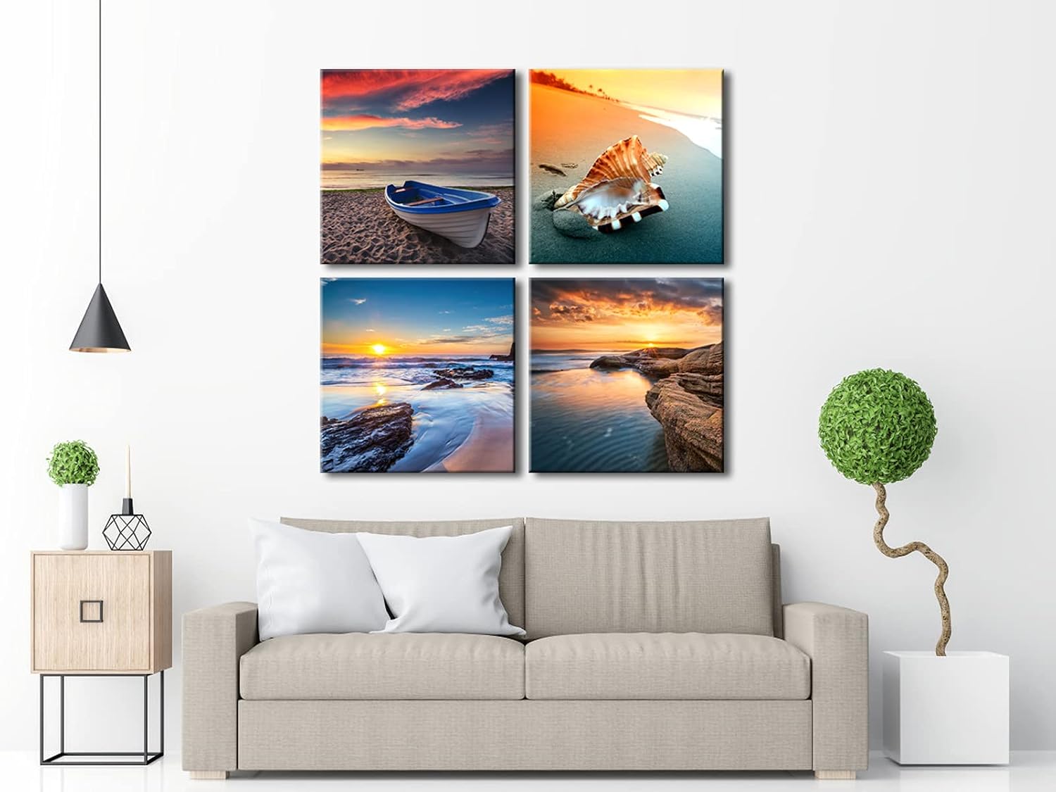 Pyradecor Large Sunset Sea Beach Modern Seascape Pictures Paintings on Canvas Wall Art 4 Panels Giclee Canvas Prints Artwork for Living Room Bedroom Home Office Decorations