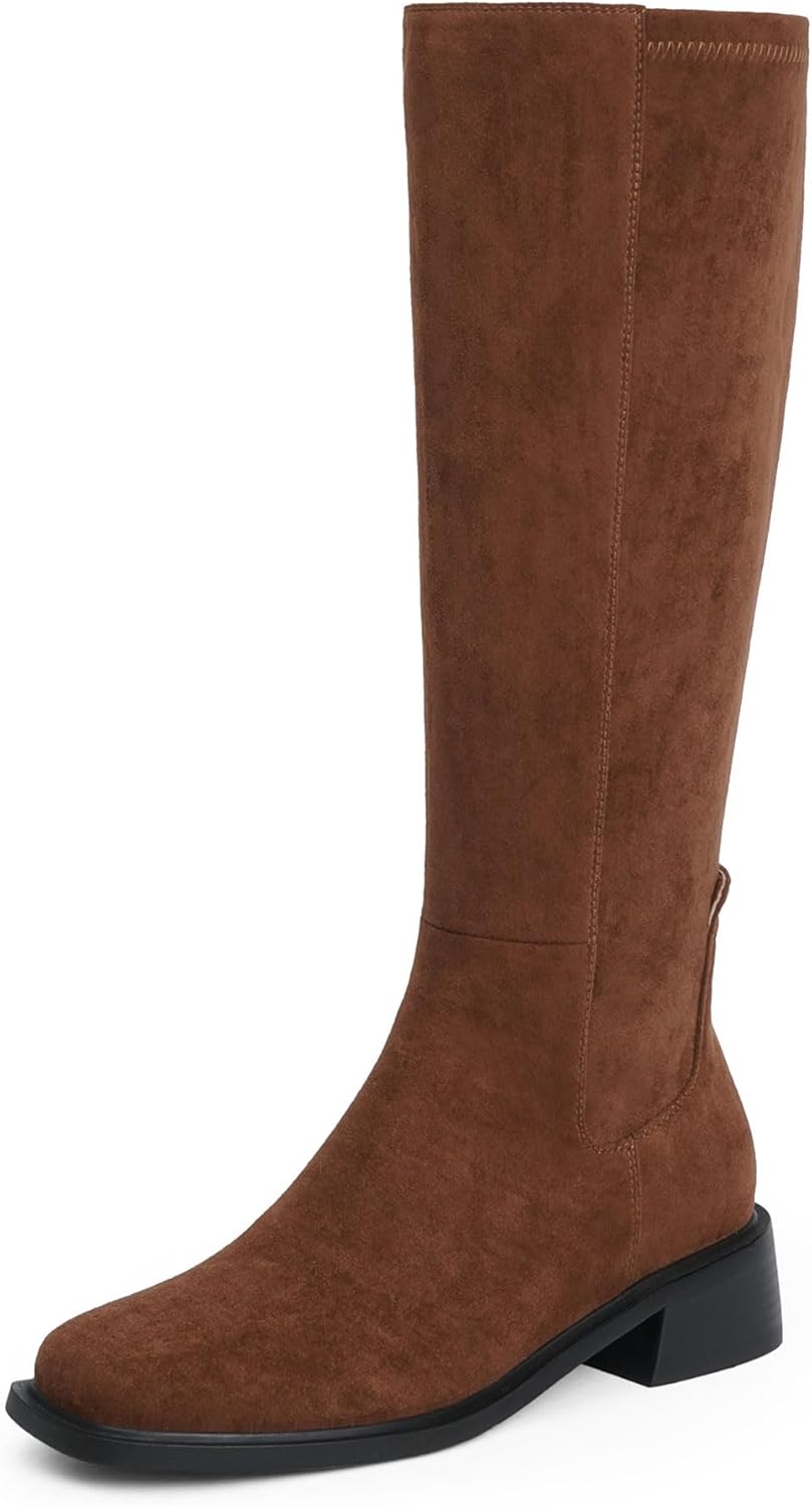 Knee High Boots Women Faux Leather Elastic Boots Low Heel Square Toe Side Zipper Fall Long Tall Boots for Women