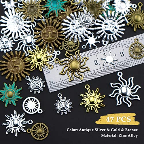 Jialeey Celestial Sun Charms 42Pcs Mixed Antique Gold Silver Bronze Colors Sun Smile Pendants Diy For Necklace Bracelet Jewelry Making #TOP2