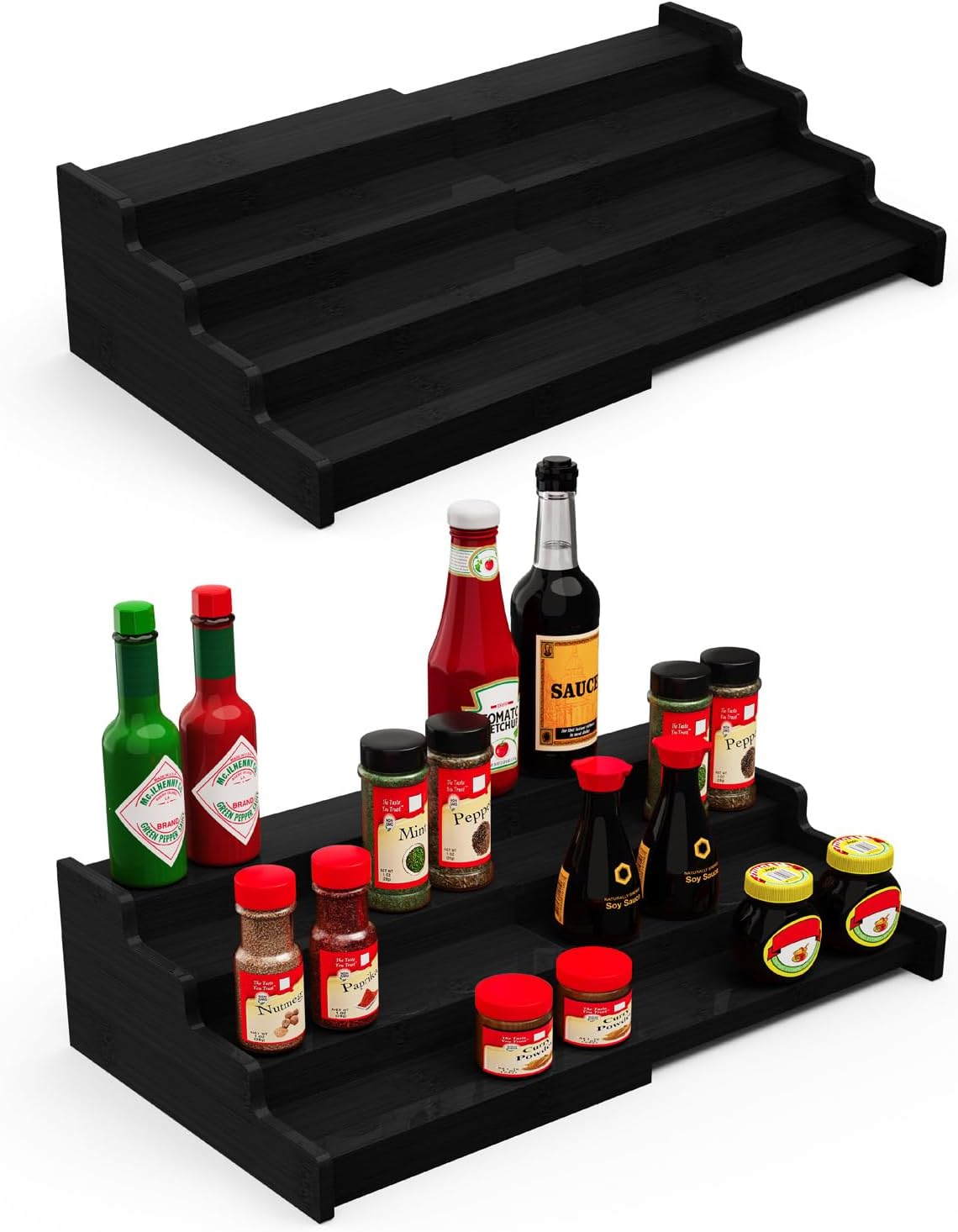 Spice Rack Organizer for Expandable 4-Tier, 2 Pack Adjustable Bamboo Spice Storage for Kitchen Cabinet, Pantry and Countertop Organization, Black