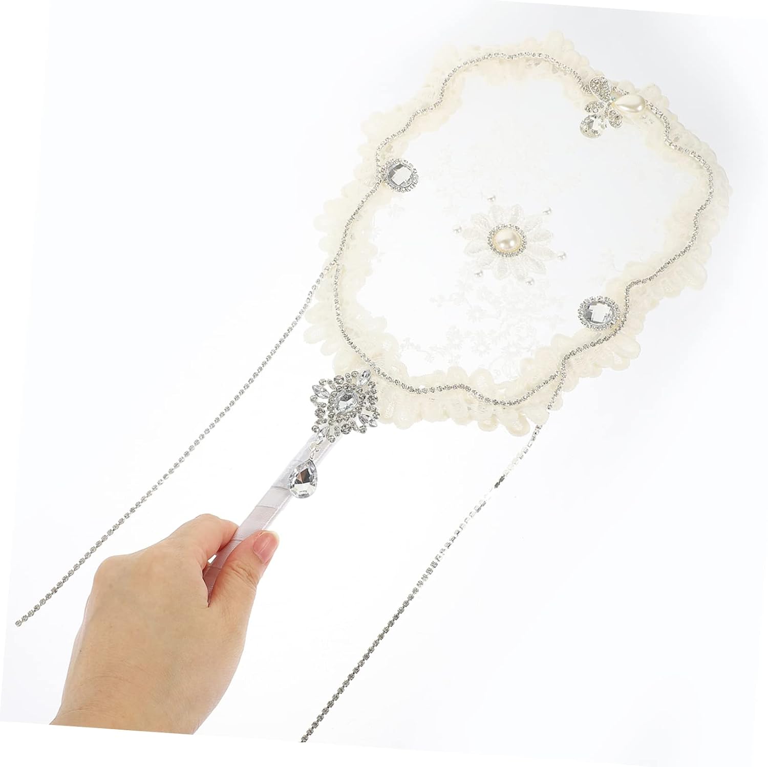 Handheld Floral Lace Fan with Tassels for Party Photo Props