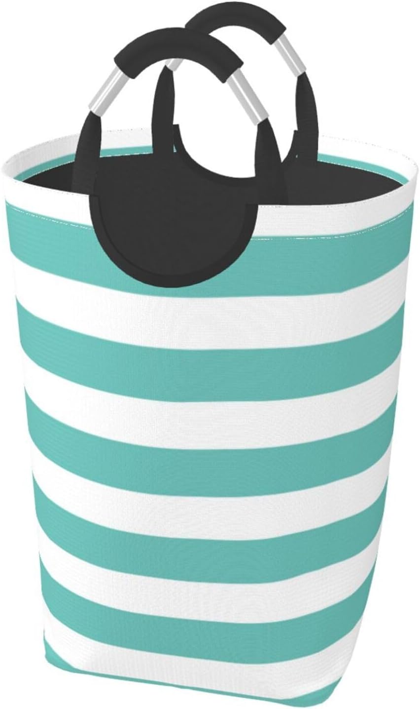 Large Laundry Basket, Teal White Stripes Laundry Hamper Bag Collapsible Washing Bin With Handles for College Dorm, Family Essentials Storage