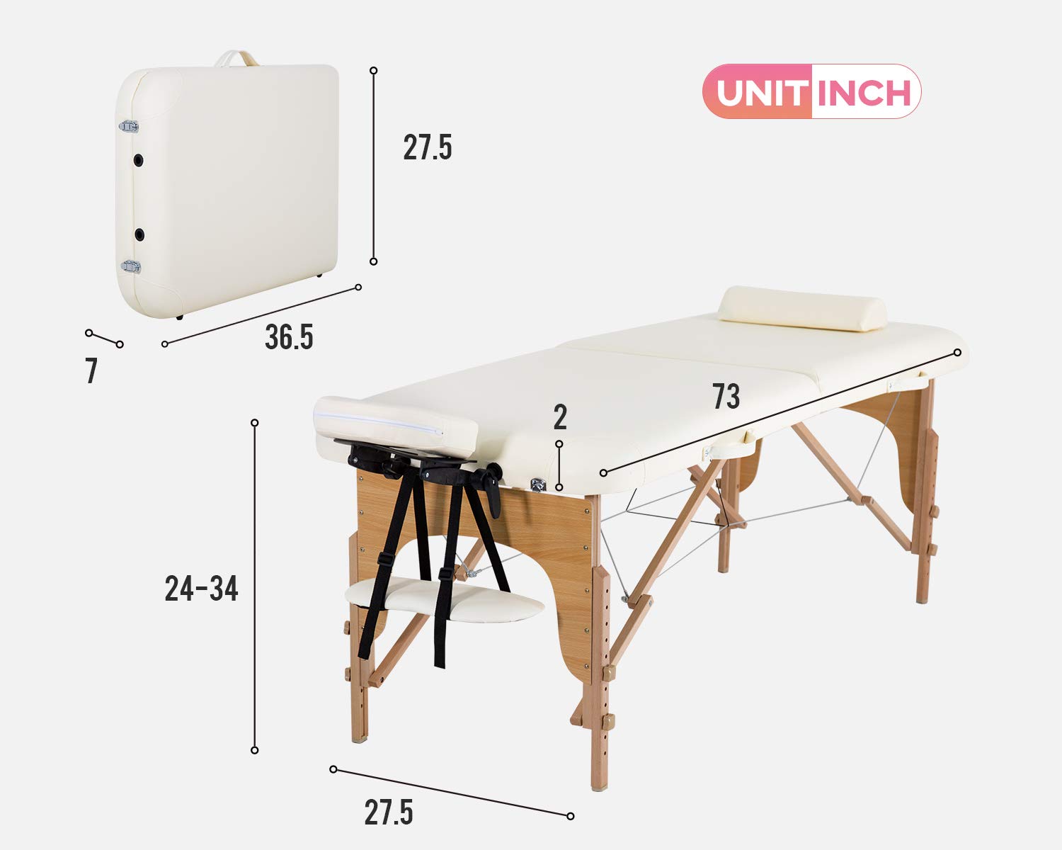 Portable Massage Table Massage Bed Spa Bed 73” L 28”W Height Adjustable Massage Table With Bolsters Carry Case 2 Fold Portable Salon Bed (Cream) : Beauty & Personal Care