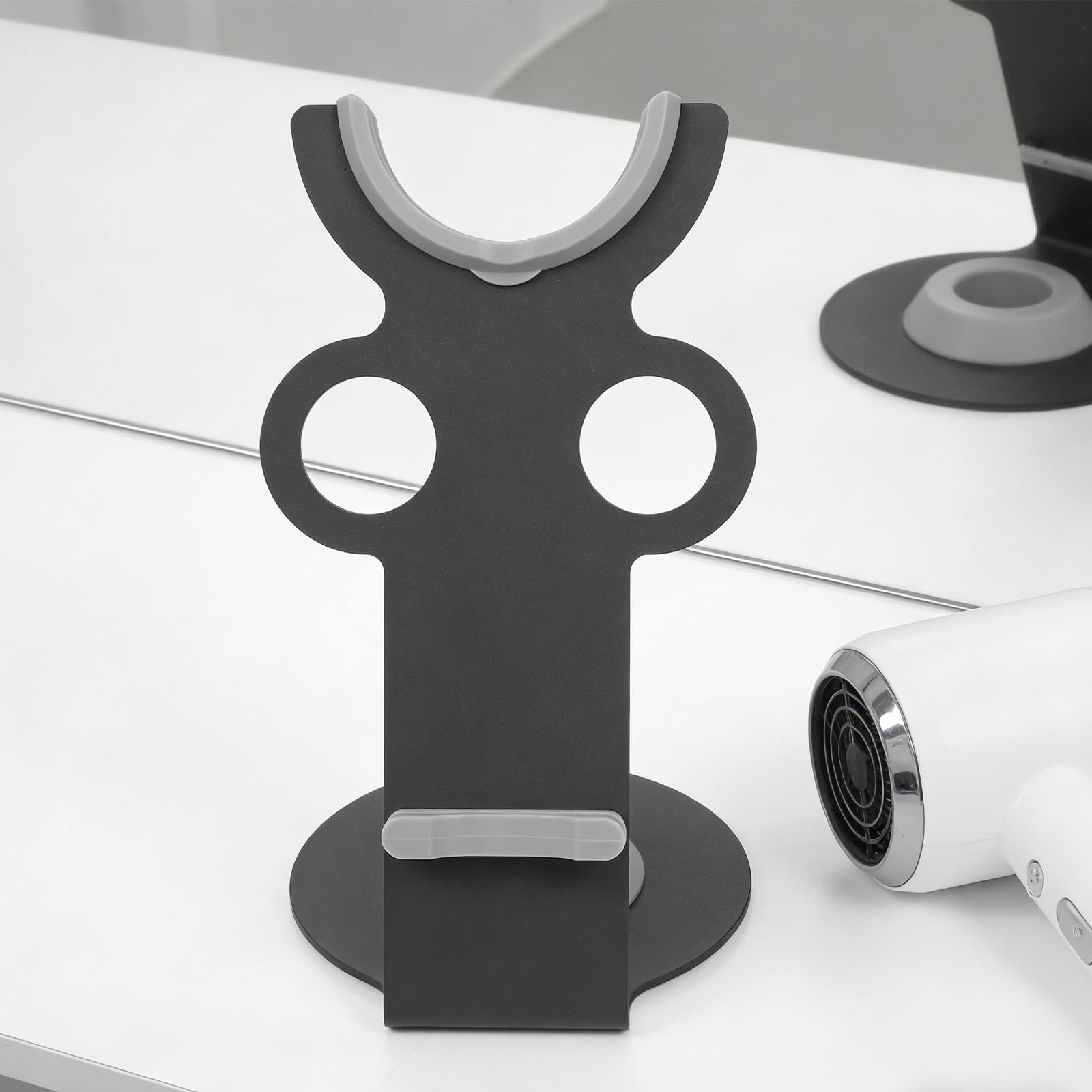 Soporte para Secador de Pelo de Escritorio Negro de Metal y Plástico | Organizador de Encimera para Baño y Tocador, Diseño Moderno, Mantenimiento Fácil, Ahorro de Espacio