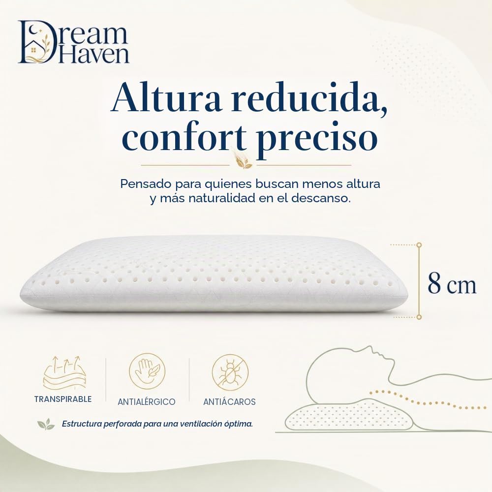 DREAM HAVEN Almohada Cervical baja (8 cm) de espuma viscoelástica, hipoalergénica, antiácaros