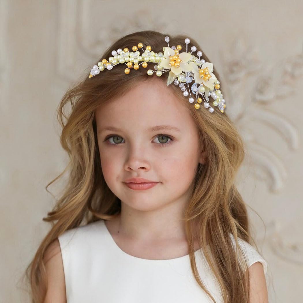 IYOU Fascia per capelli da Ragazza con Fiori e Cristalli Oro per Comunione e Matrimonio Accessori per Capelli da Sposa per Ragazze