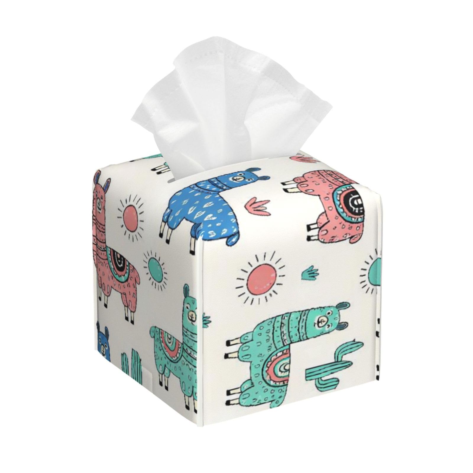 Llama Cactus Leather Tissue Box Cover Holder Square Facial Paper Organizer 5.2" X 5.2" X 5.2"