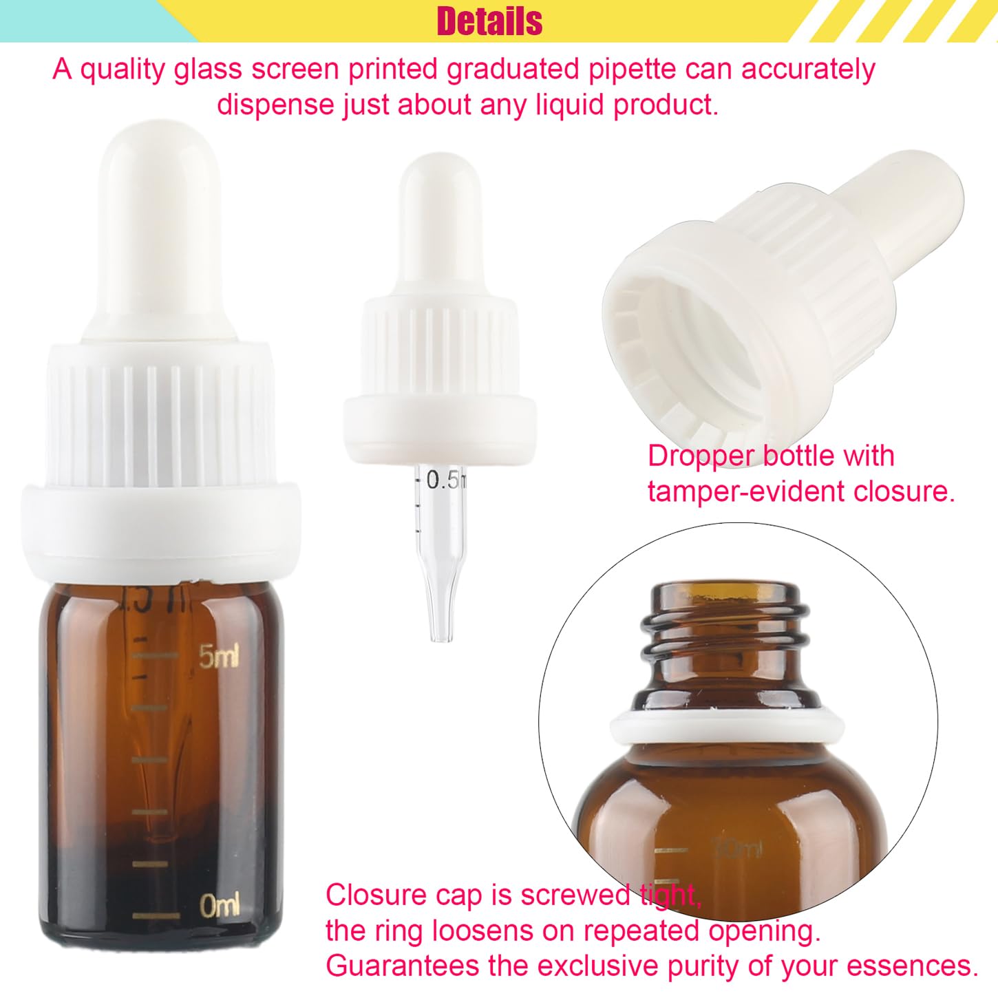 24 Stück 5ml Leere Braunglas Abgestufter Tropfflasche mit Messpipetten Weiß Originalitätsverschluss, Stichprobe Glaspipette Tropfflasche für Aromatherapie ätherische Öle