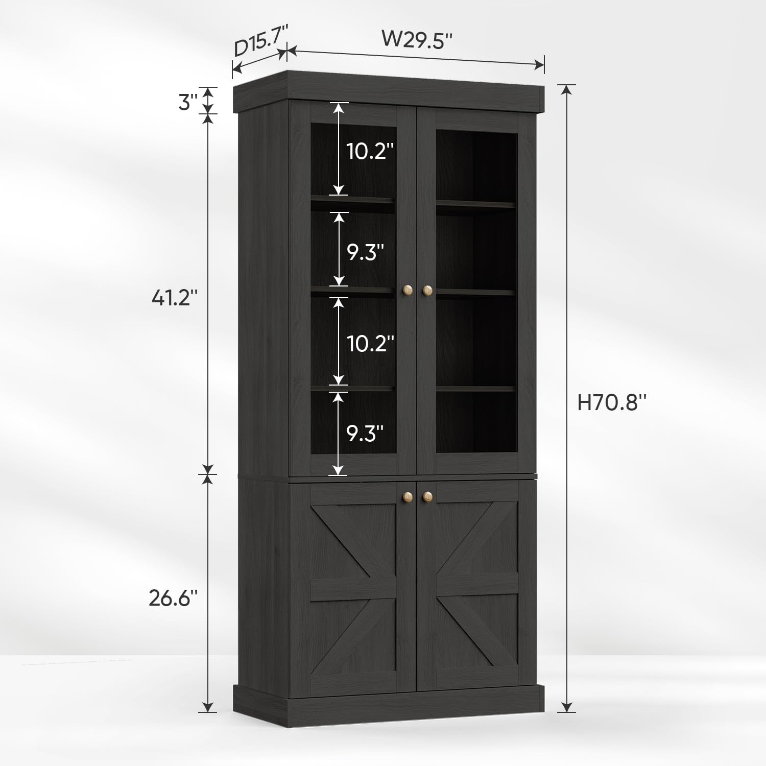 71" Tall Farmhouse Bookshelves with Glass Doors, Rustic Large Bookcase with Adjustable Shelves, Wooden Storage Cabinet for Living Room, Kitchen, Home Office, Dining Room (Black, Glass Door Unit)