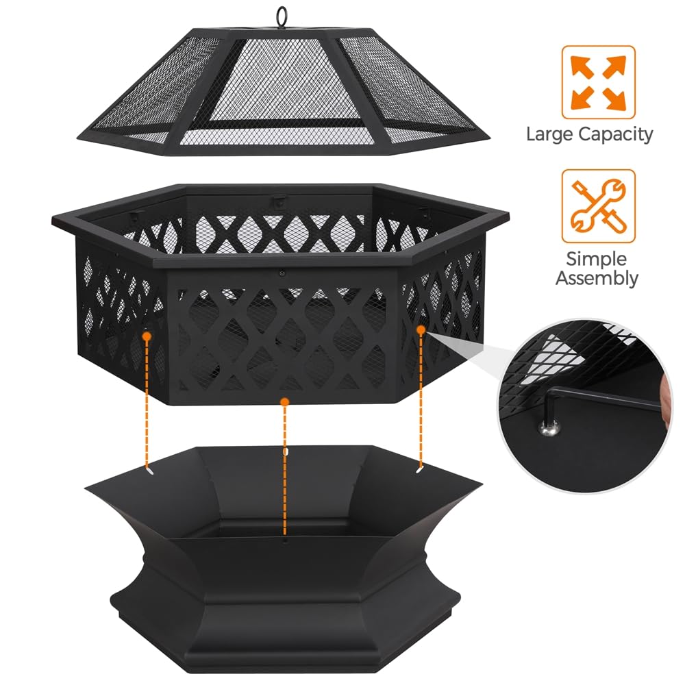 Yaheetech Brasero Exterior Leña Brasero Jardin Hexagonal Estufas para Terrazas Chimenea Portátil Grande 61x61x62cm Negro