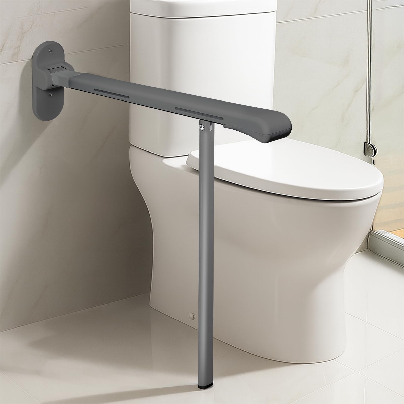 SPECILITE Barra de agarre resistente para inodoro, soporte resistente de 440 libras, rieles de seguridad con pasamanos antideslizante impermeable y tiras de brillo nocturno, diseño abatible que ahorra
