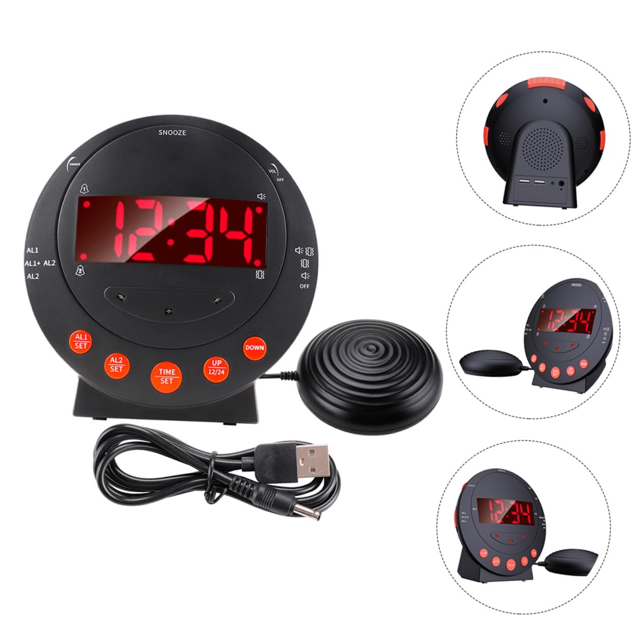 Vibrationswecker mit Starker Vibration und Lautstärke, Schwarz, USB