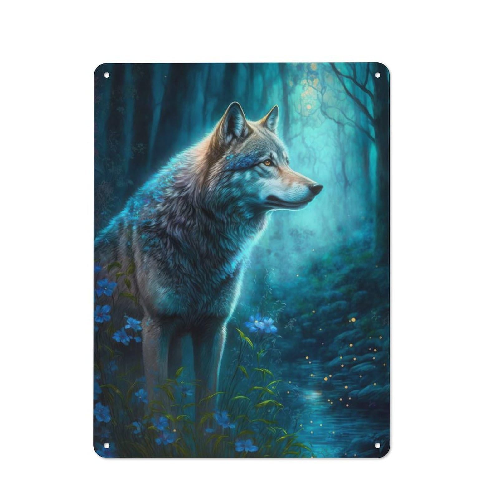 Junmoney Style-8 Tin Wall Plaque 40X30cm With Wolf At The River For Workshop Wall, With Clear Retro Wall Decor Character