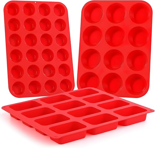 Molde de silicona para magdalenas, moldes de silicona que incluyen mini 24 tazas, molde regular para 12 tazas para magdalenas y 12 cavidades juego 3