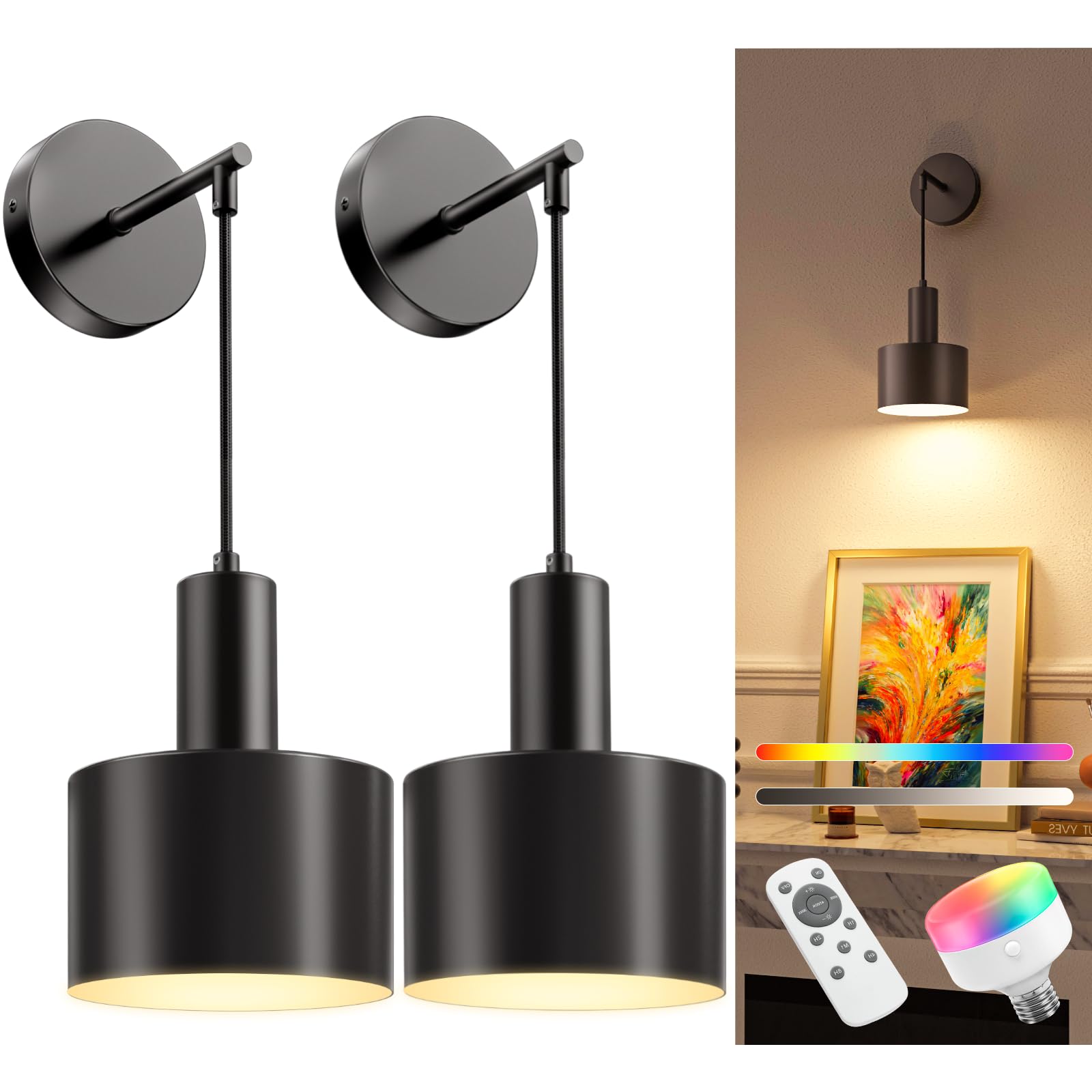 Niorsun Black Battery Operated Wall Sconces, Battery Operated Wall Lights Indoor With 5200Mah Dimmable Detachable Bulbs And Remote, 9 Colors Sconces Wall Decor For Bedroom Living Room
