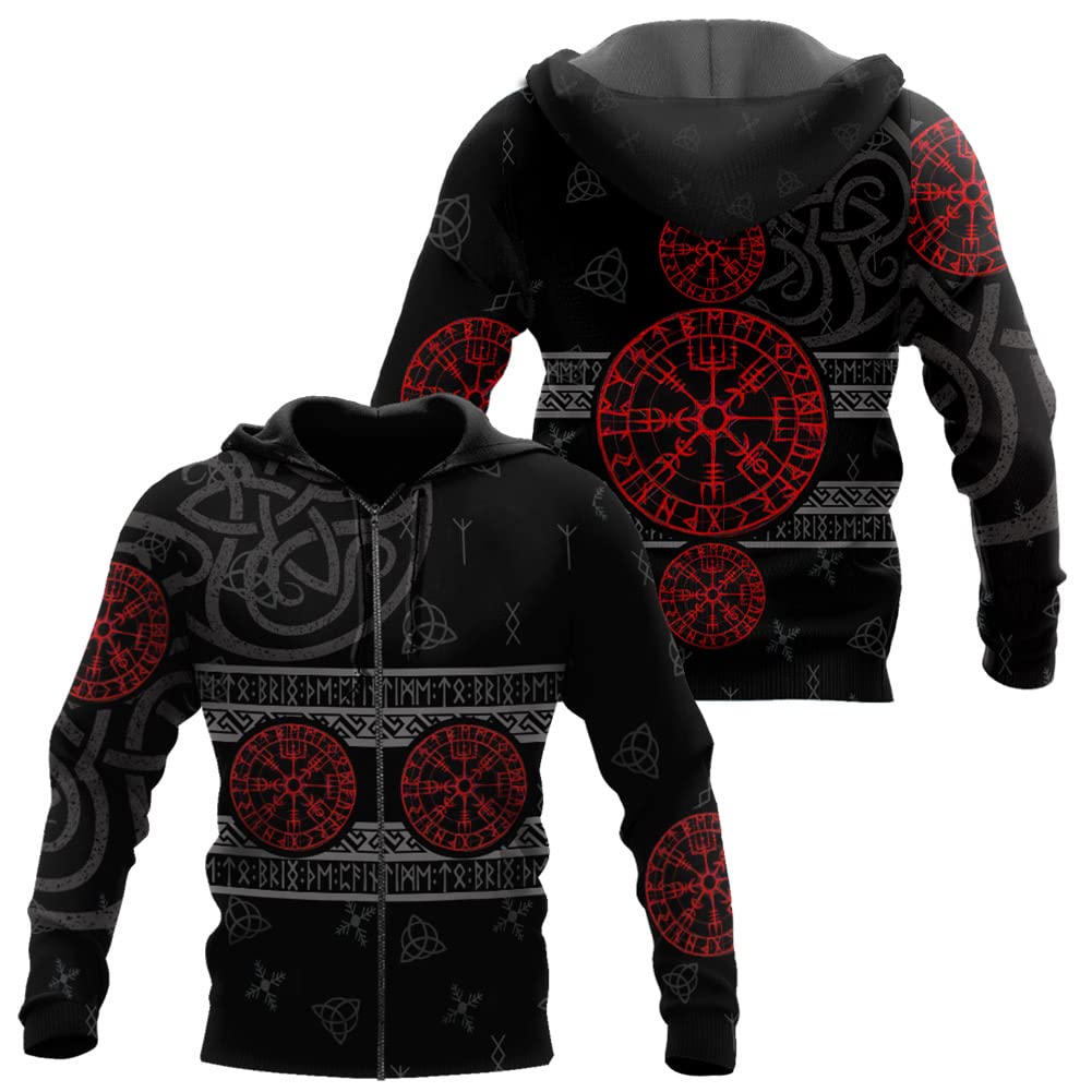 WDBAYXH Norse Celtic Knot Vegvisir Runes 3D Tattoo Sweatshirt, Viking Vintage Zip Hoodie, Fashion Streetwear Pullover Tops,Zip red,XXL