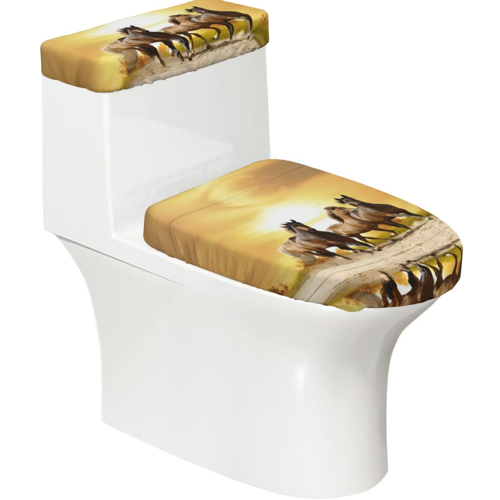 Horse 2-Piece Toilet Seat Cover Set with Tank Lid - Elastic for U-Shape & Elongated - Bathroom Decor