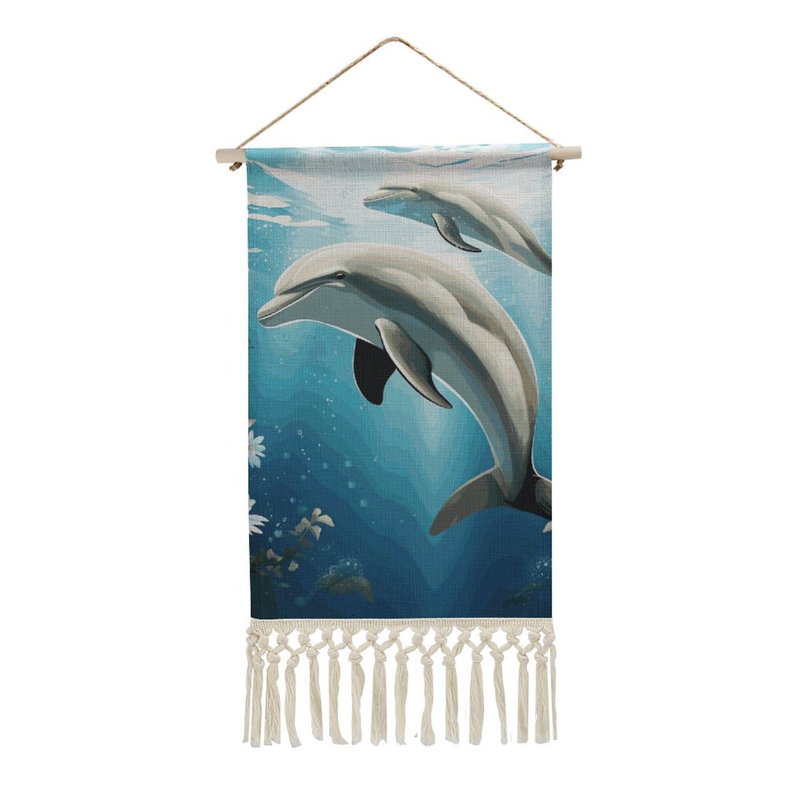 BTCOWZRV Cotton And Linen Hanging Poster with Tassels, Kiss Dolphin Tale Wall Hanging Tapestry Vintage Wall Art Painting Modern Artwork Decoration for Home Decor Ready to Hang 10x19.6 in