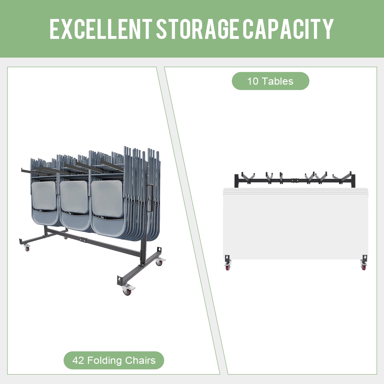 Heavy Duty Folding Chair Storage Rack With Wheels - Holds 42 Chairs Or 12 Tables, Includes Cover & Straps