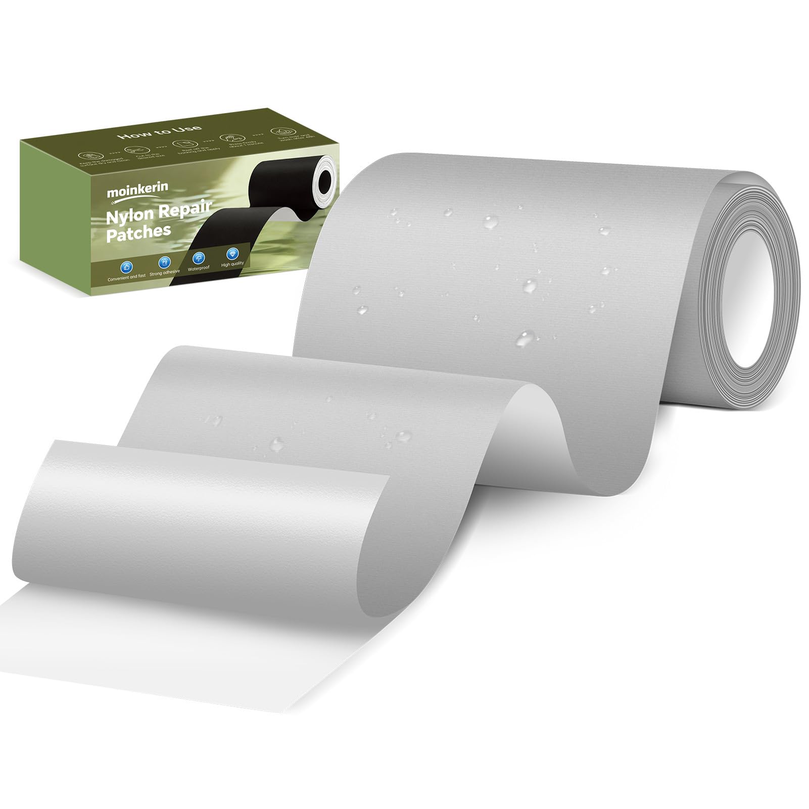 moinkerin Nylon Repair Patch Self Adhesive 7.6x200cm | Waterproof Fabric Repair Tape for Tent, Down Jacket, Backpack, Sleeping Bag, Outdoor Camping Gear