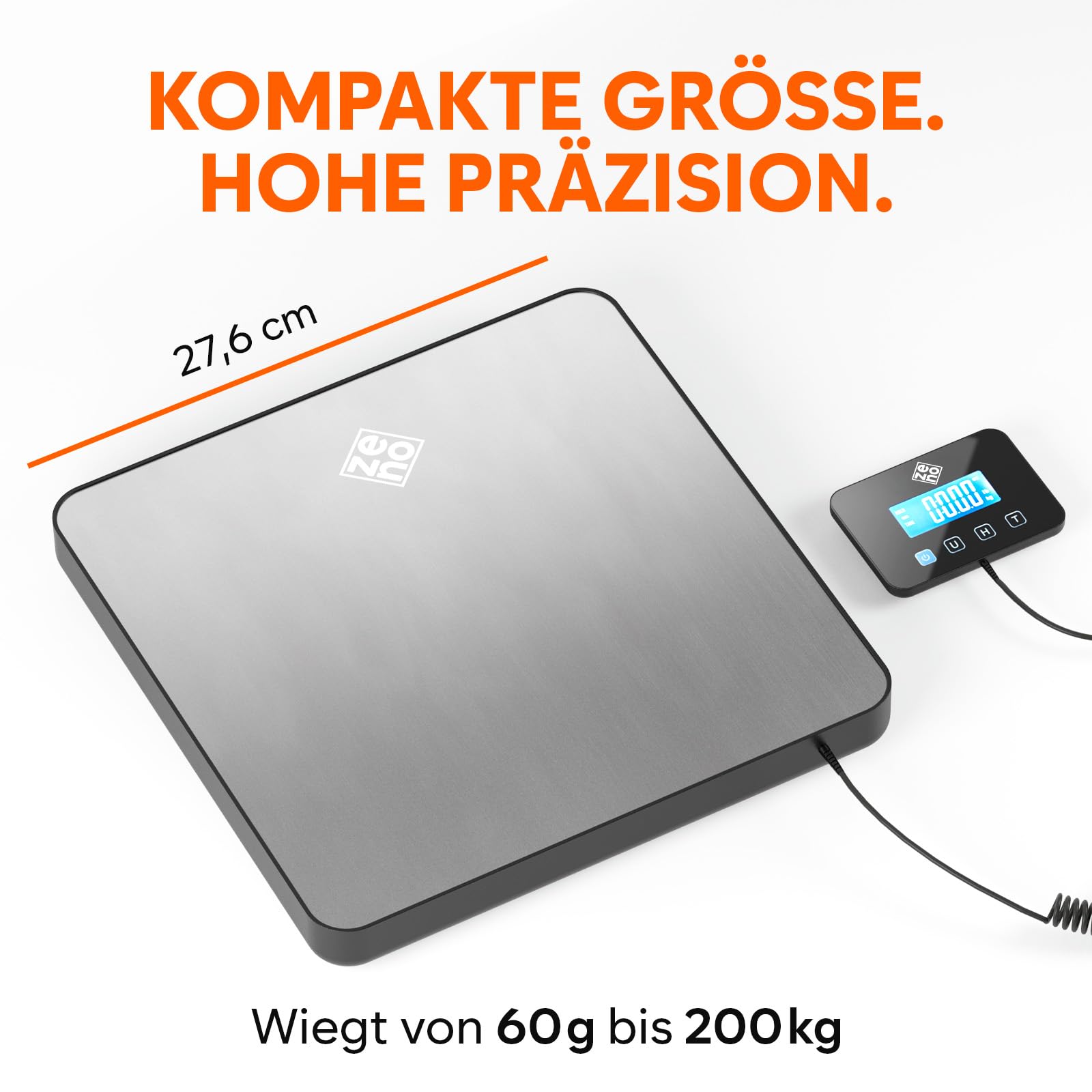 Paketwaage - 200 kg/10 g - Hochpräzise Plattformwaage mit Halte-/Tara-Funktion/LCD - Postwaage perfekt für Pakete, Gepäck, Heimgebrauch - Batterie & Kabel enthalten - Gepäckwaage - Silber