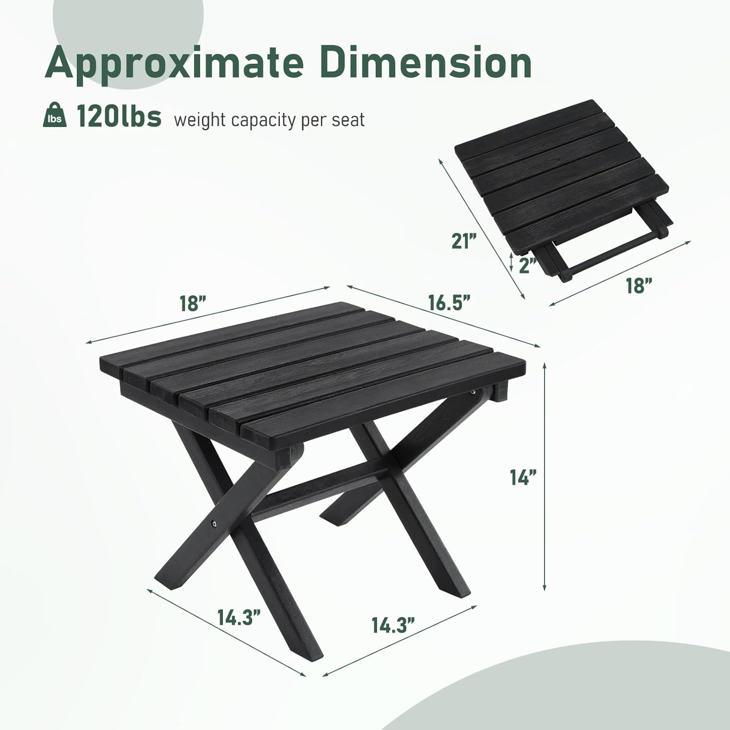 Furnimart 18" Square Foldable Side Table for Outdoor & Camping, Extra-Thick HDPE Weather-Resistant Small Coffee Table, Portable Black Outdoor End Table for Balcony Poolside Space Saving(Black)