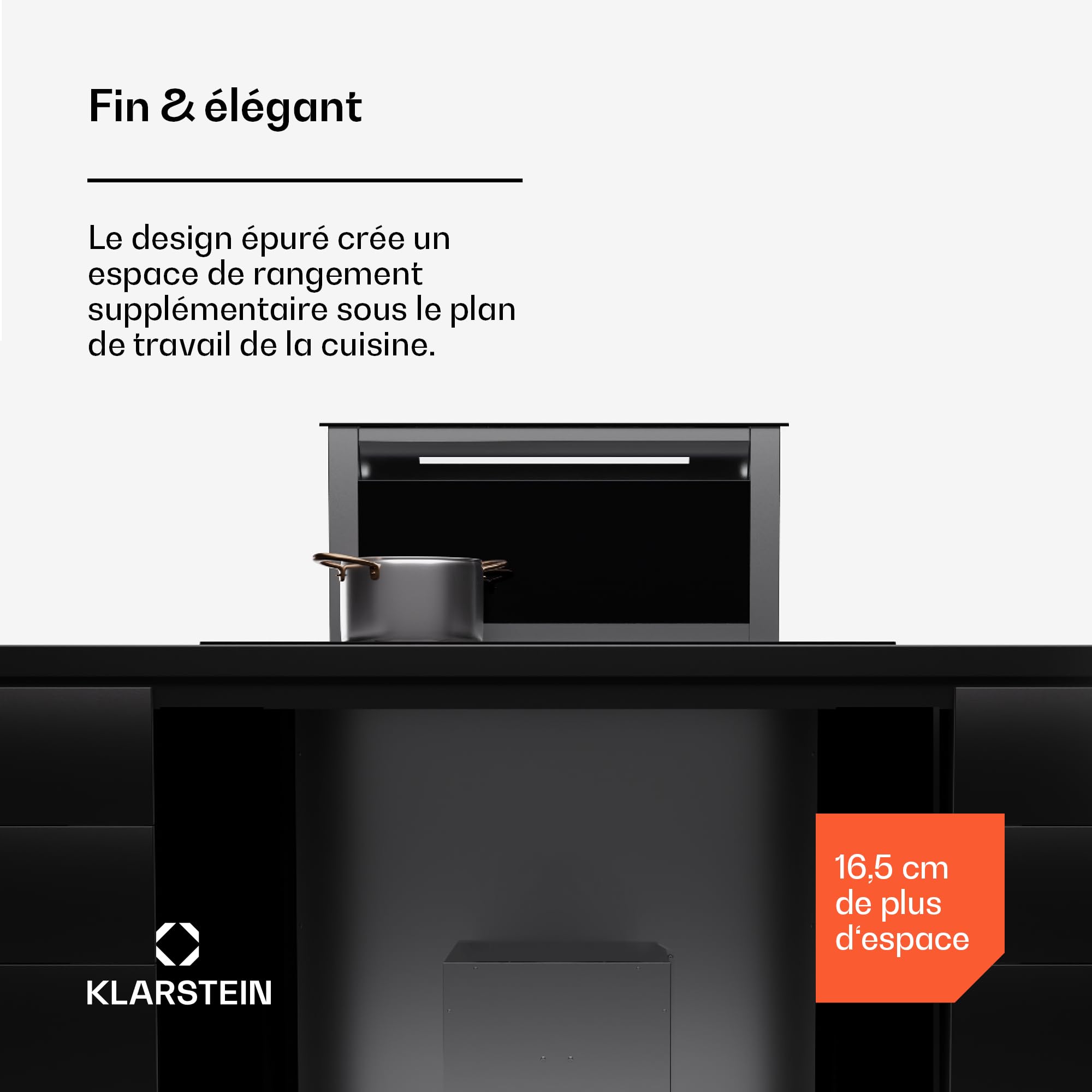 Hotte aspiration descendante Klarstein 60 cm, hotte aspirante escamotable évacuation/air recyclé pour la cuisine, aspirante silencieuse sans tuyau, débit d'air 713