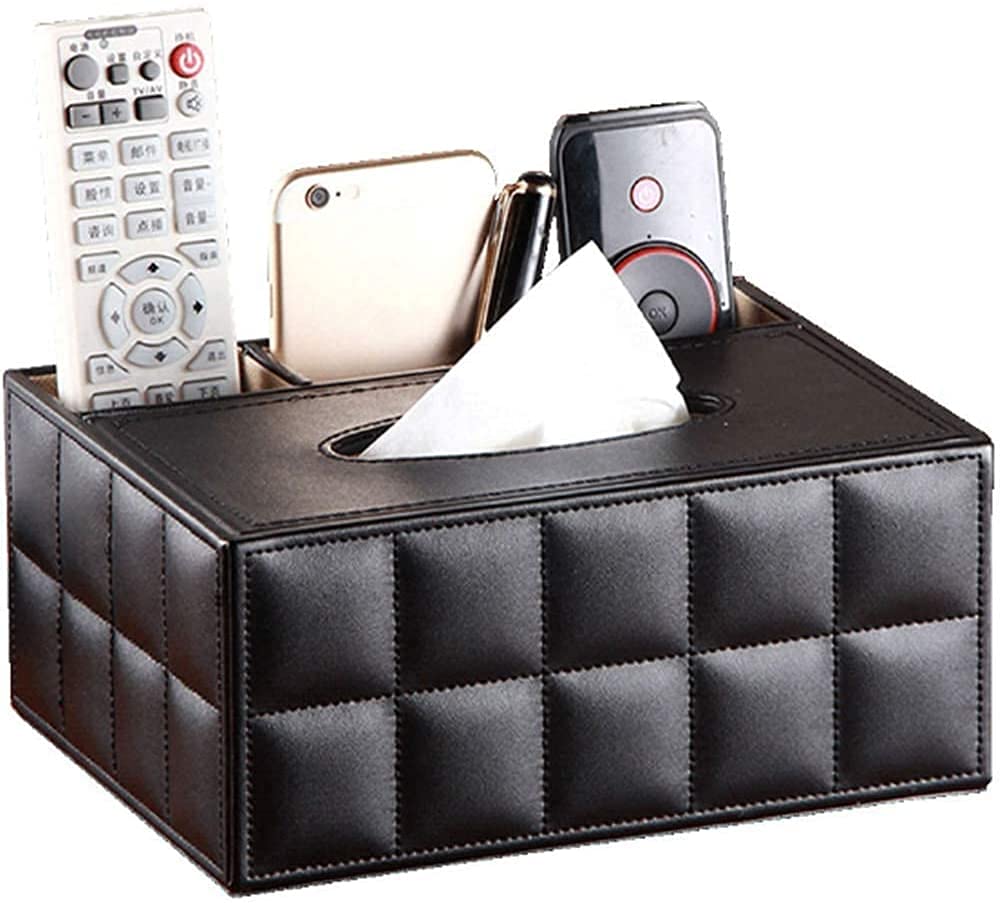 THE WHITE SHOPTissue Box [Refined] Retro Leather Multifunctional Remote Control Stationery Napkin Rack Storage Box Modern Facial Tissue Drawer Storage Box-Suitable for Home Office Supplies (Black)