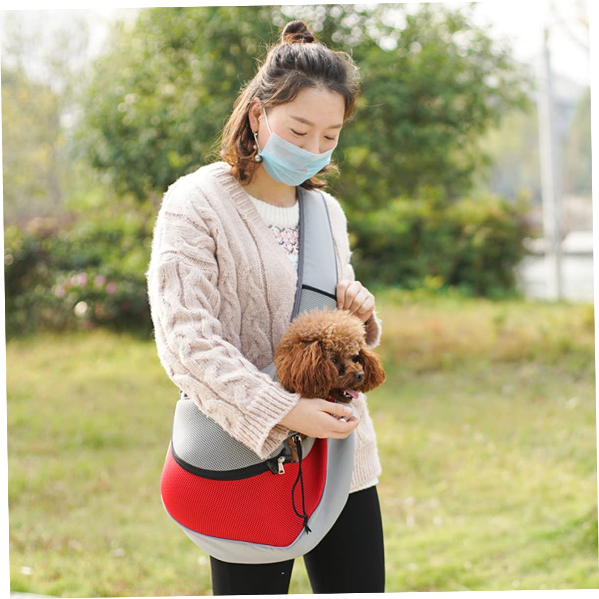 Hohopeti Hands- Pet Carrier Sling Bag Mesh Pet Sling Portable Easy Access Zipped Design Size l