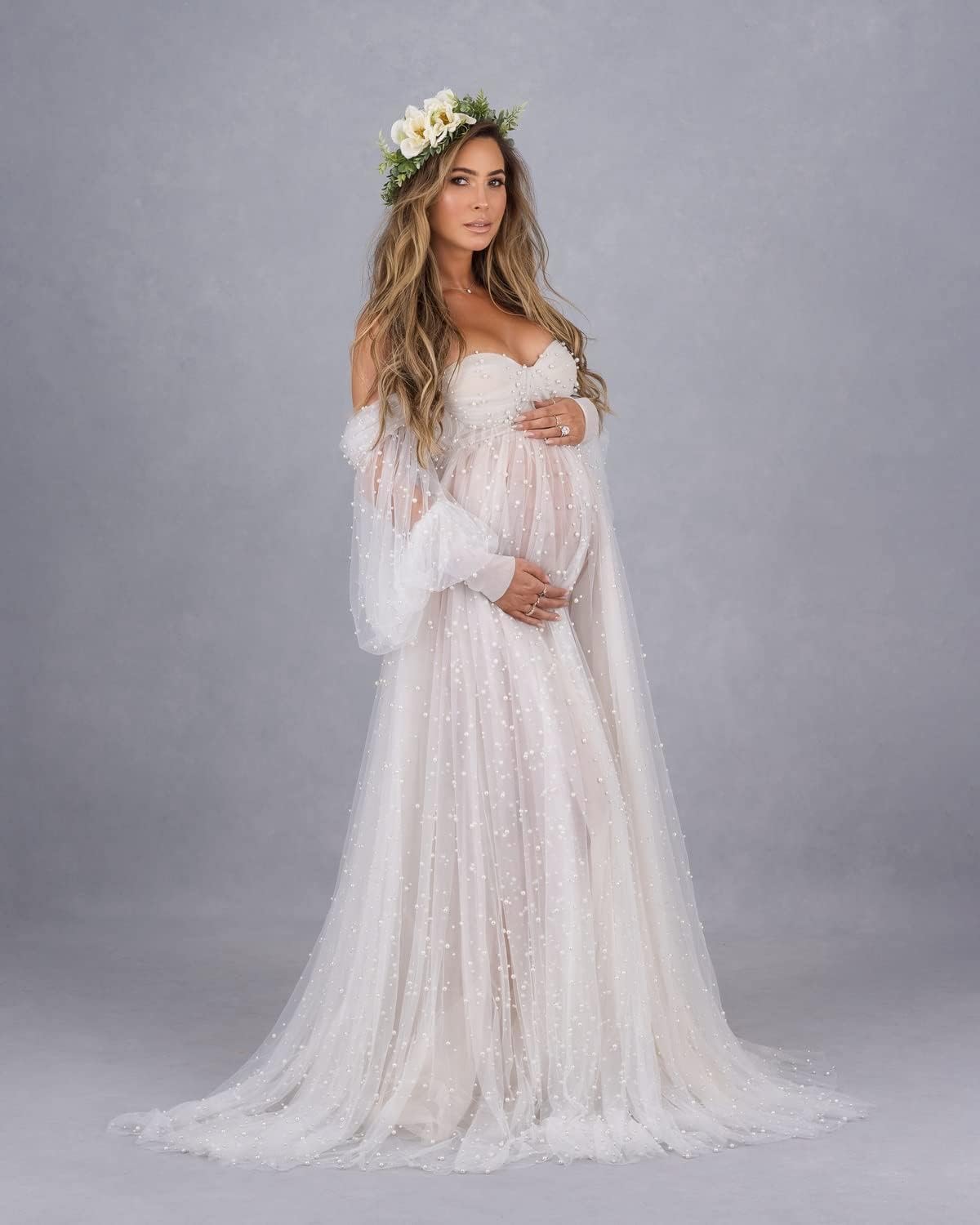 Umstandskleid aus Tüll mit Perlen für Fotoshootings – Langes Schwangerschaftskleid mit Puffärmeln für Babyparty und Schwangerschaftsfotos