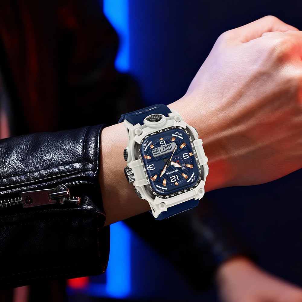 FANMIS Orologio sportivo da uomo, digitale, analogico, resistente all'acqua fino a 5 ATM, orologio da polso per esterni, multifunzione, orologio militare con display luminoso, conto alla rovescia