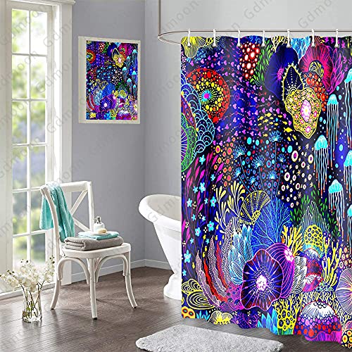 Gdmoon Psychedelic Jellyfish Shower Curtain Underwater World Creature Coral Shell Tropical Plant Bohemian Flower Nature Colorful Art Abstract Bathroom Curtain Set With 12 Hooks 72X72In Yllmgd993 #TOP4
