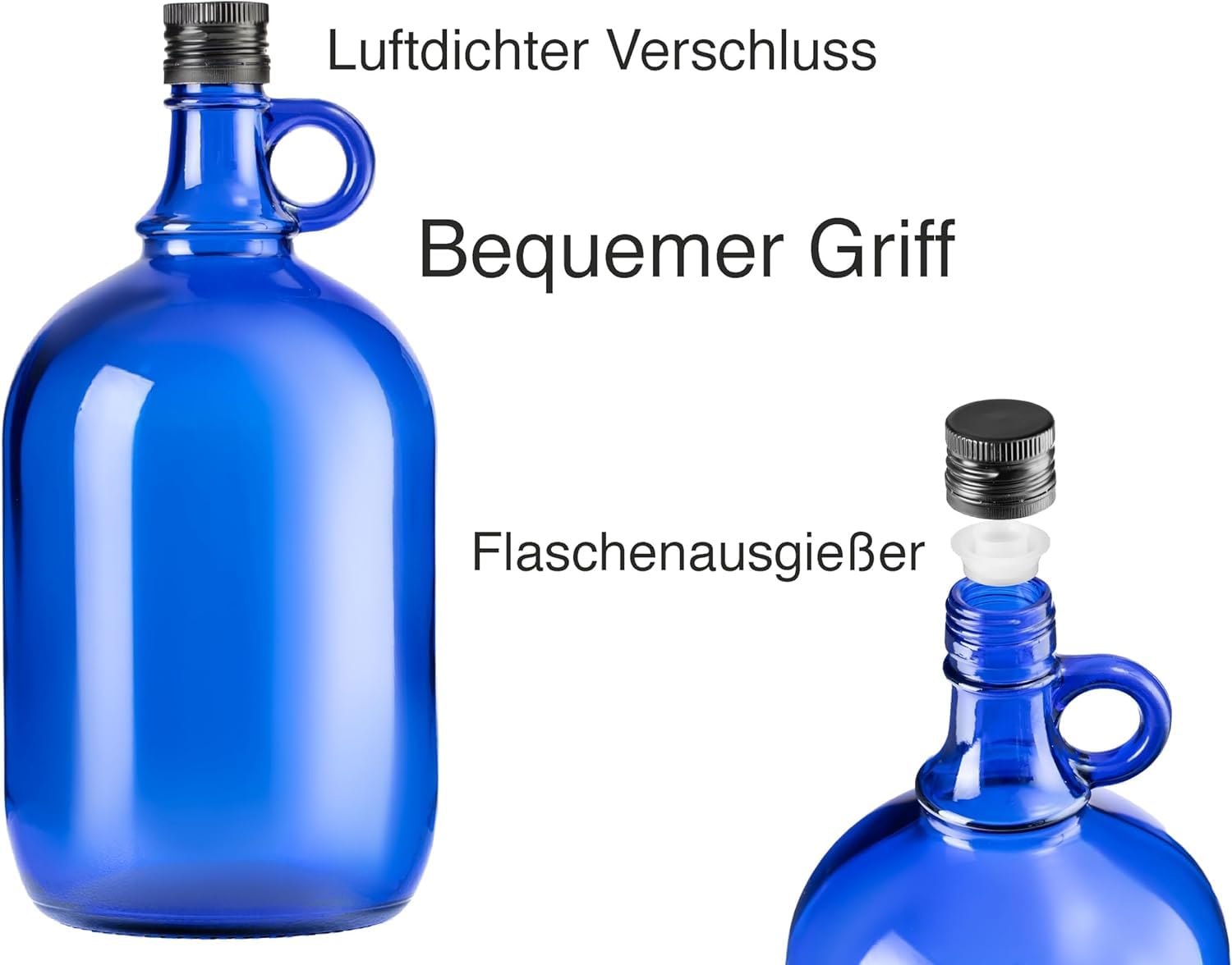 lilawelt24 2L blaue Flasche Weinballon Glasballon GÄRBALLON Weinflasche Likörflaschen Essig-Öl Flasche (4x 2L)