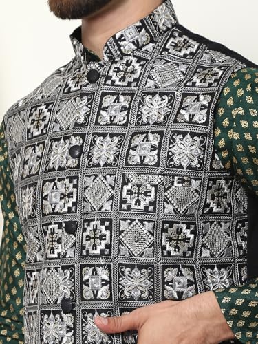 Image of SOJANYA (Since 1958 Men's Silk Blend Printed Kurta and White Pyjama with Embroidered Nehru Jacket