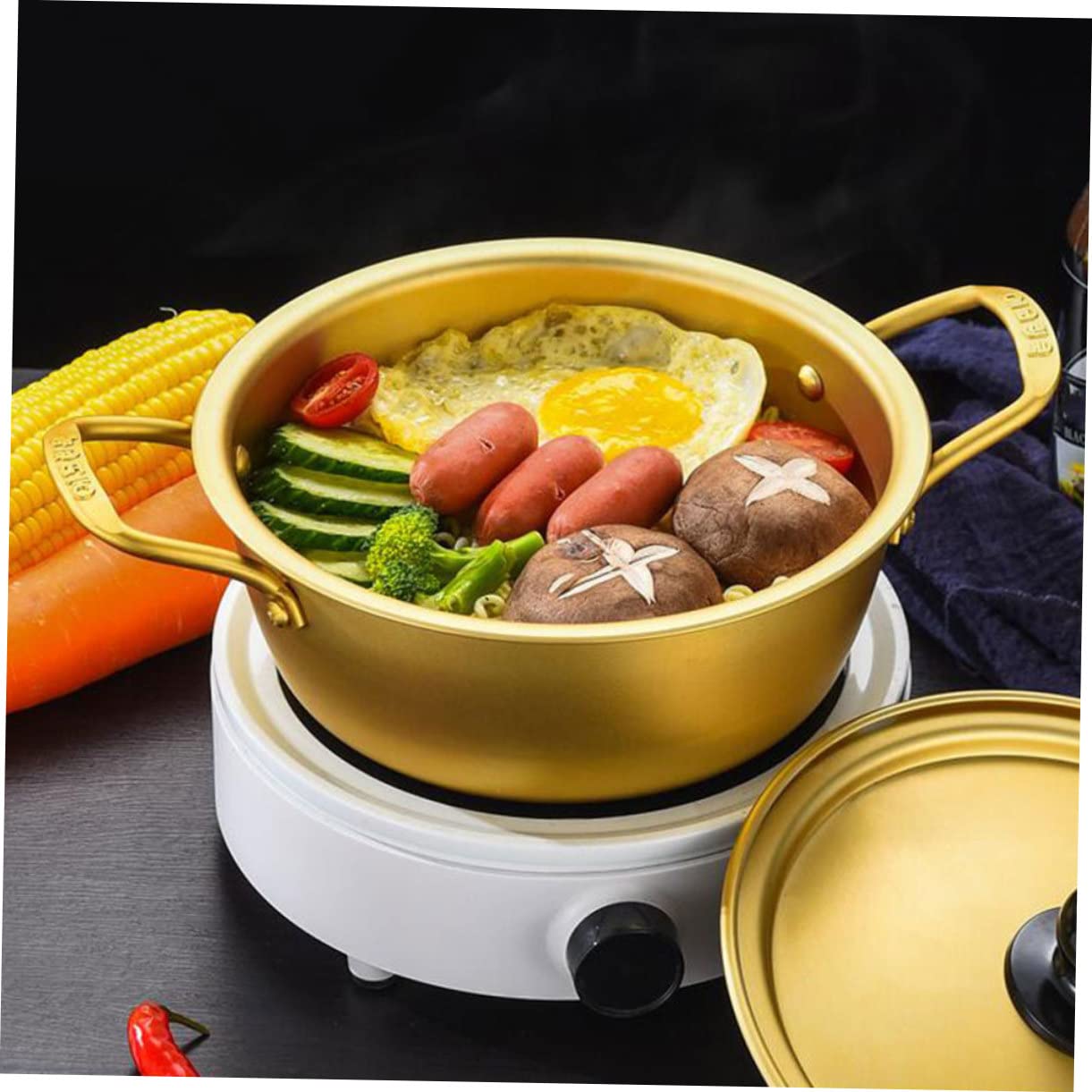 Tioncy Set Da 2 Pentole Per Ramen Coreano – Con Coperchi, Cucchiai E Bacchette, Alluminio Oro/argento (16 Cm Diametro)
