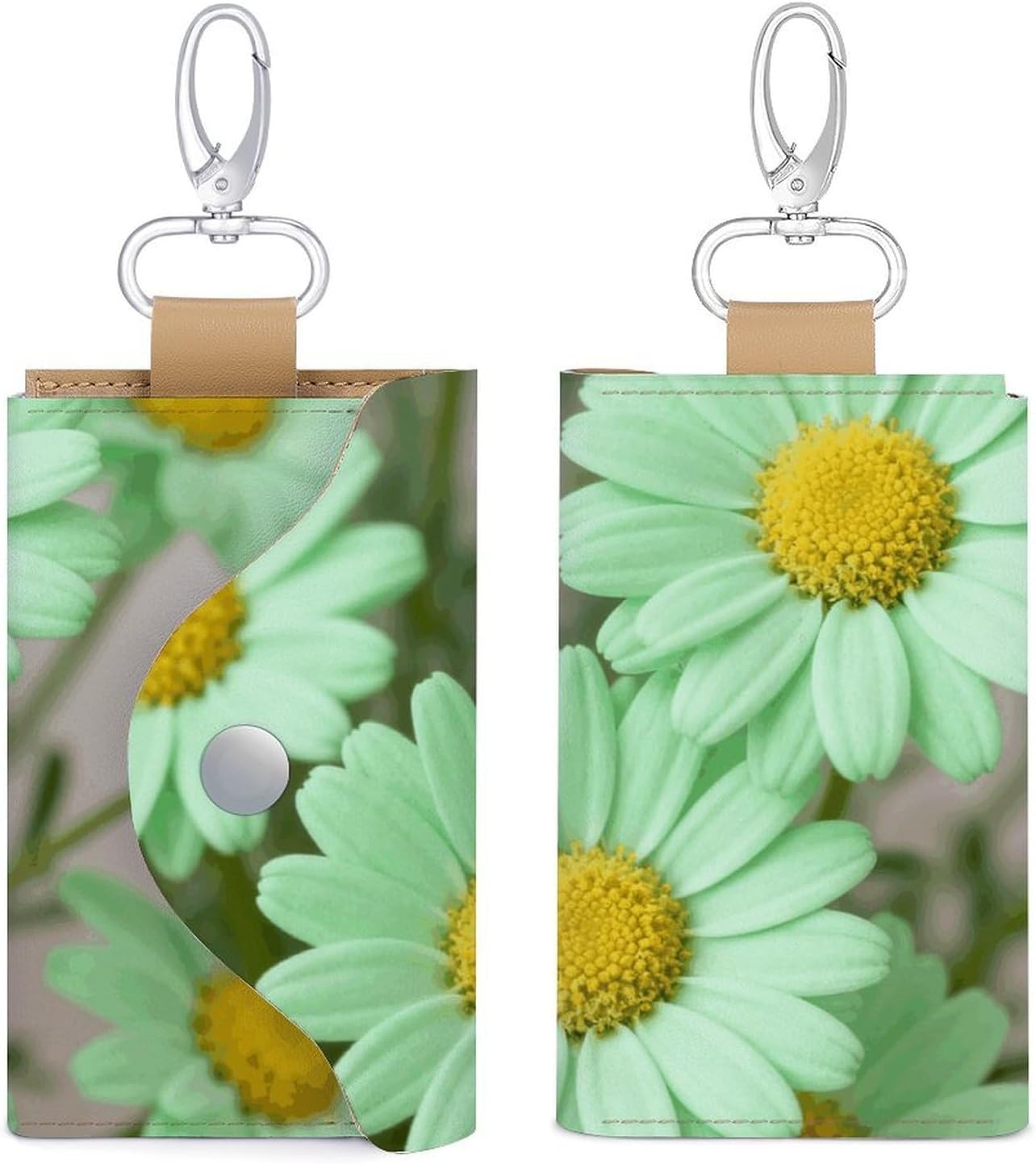 Daisy Pastel Green Key Pouch, PU Leather Key Holder, Personalized Snap Closure Key Bag with Card Slot & Coin Pocket, Portable Key Organizer for Car Keys House Keys, Men Women