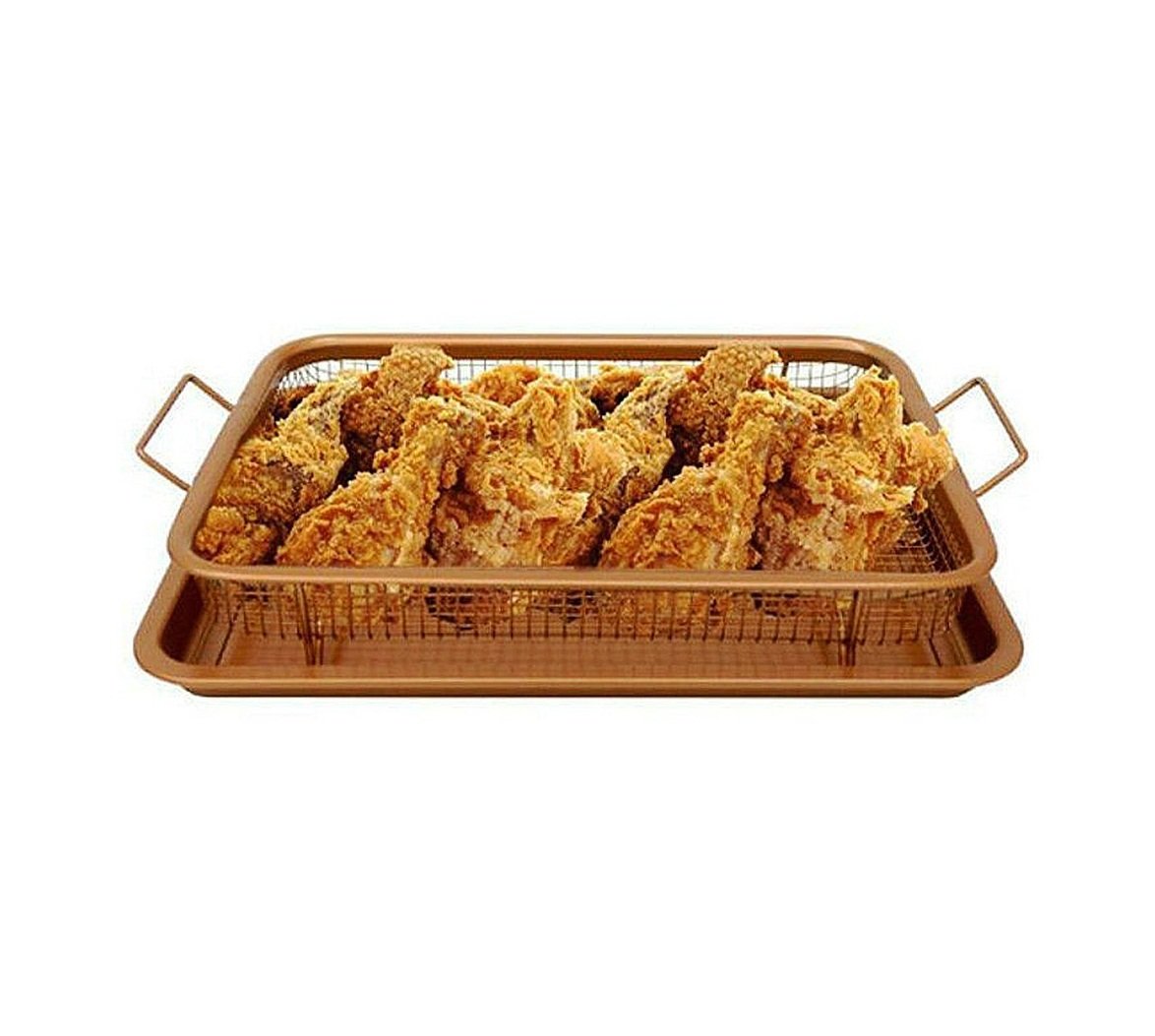 2 Pieces Baking Sheet Air Fryer Tray & Mesh Basket Set Multi-Purpose Chef Pan Sheet with Non Stick Mesh Tray Oil Free Frying Set Copper
