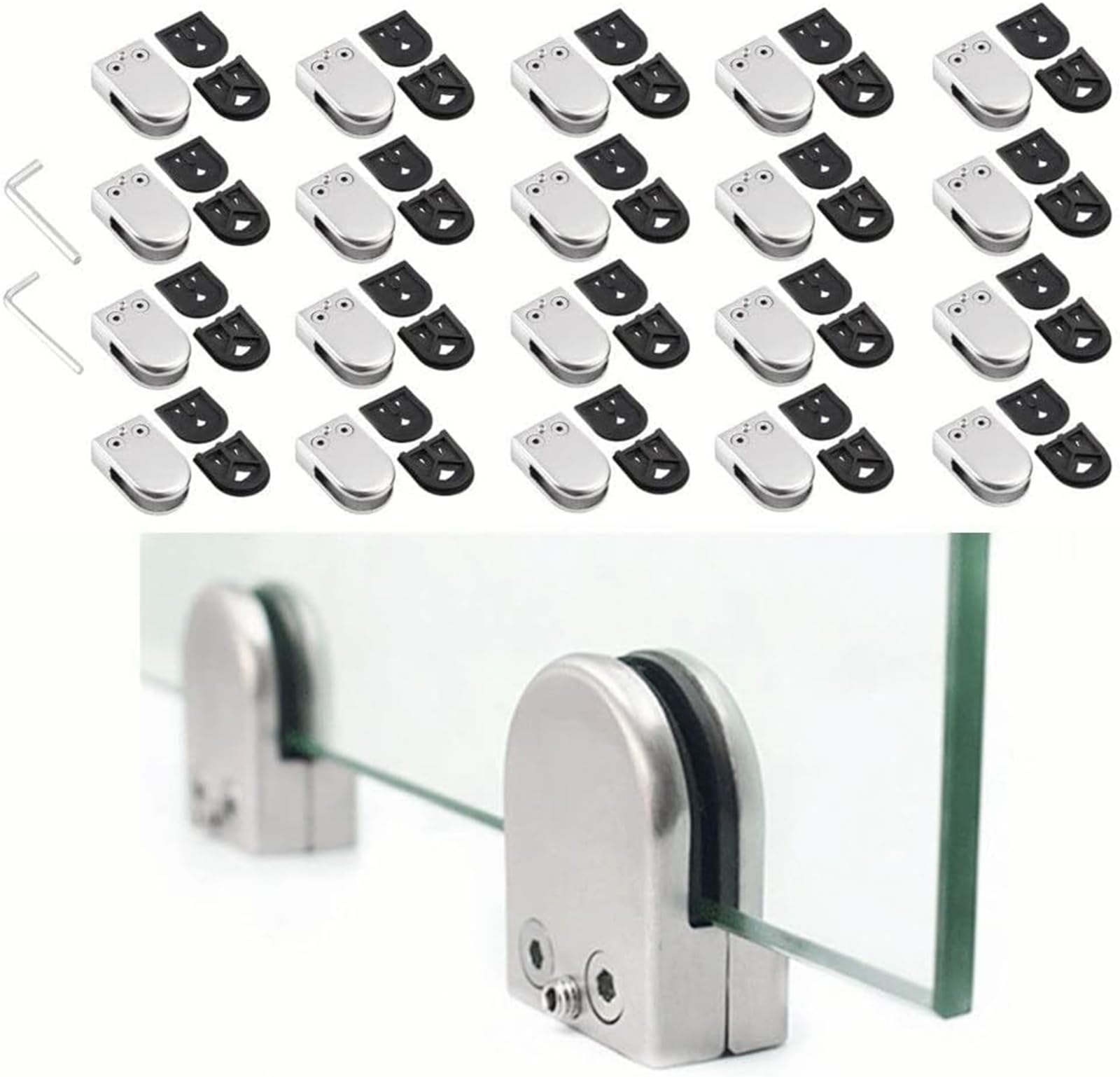 Nisorpa 20PCS Glass Clamp Bracket 10-12mm Stainless Steel Glass Clip Flat Back Connection Adjustable Clamp Holder for Balustrade Staircase Handrail, Silver