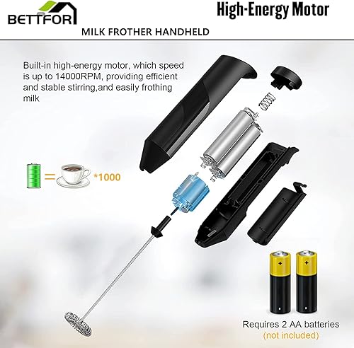Miniatura 5 de BETTFOR Espumador de leche eléctrico de mano con soporte alimentado por pilas, mezclador de bebidas de mano para café, frappe, latte, matcha,