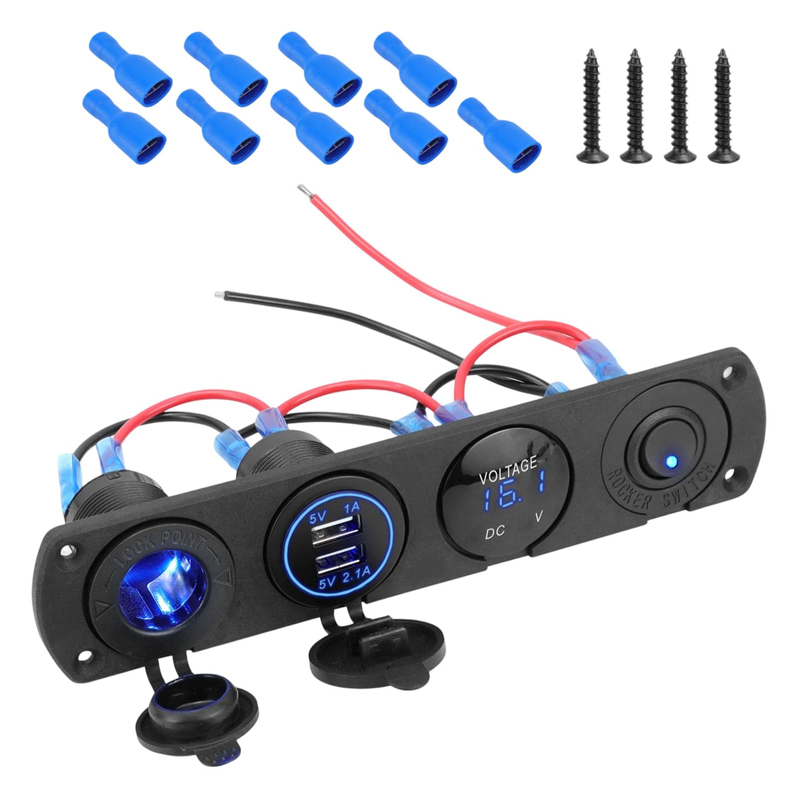 WGDYRP 4 In 1 Boat Control Panel With Two USB Ports LED Power Meter And 12V Socket For Boats Cars Recreational Vehicles