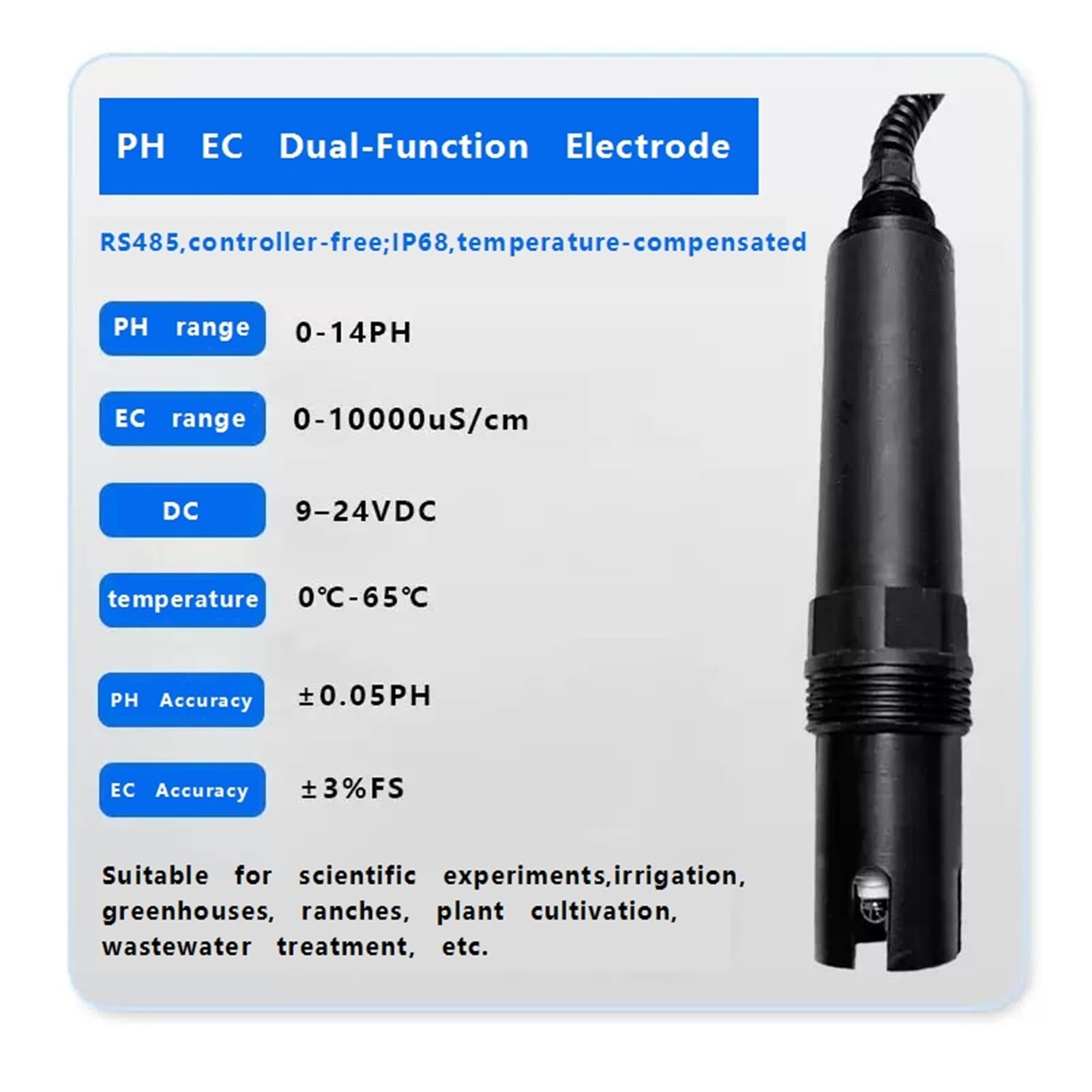 sonda de ph Sensor de electrodo de pH EC 2 en 1 for agua, 0-14 pH, 0-1000 µS/cm