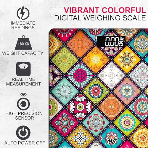 Image of Ant Flora New Mandala Digital Weighing Scale for Body Weight (Up to 180 kg), High Precision Sensors, Tempered Glass, LCD Display, Auto On /Off, Anti-Skid, Personal Fitness Scale with Battery Included