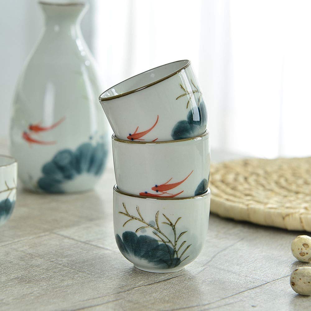 Service à saké Japonais, Tasse en céramique et Verre à vin Artisanal en Porcelaine Peinte à la Main, Lot de 5 (Poisson Rouge)
