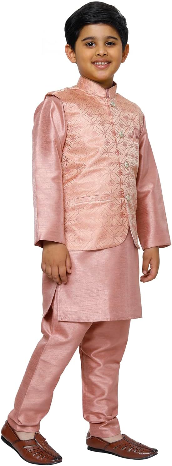 Uberoott Kurta Pajama for Kid's Boys with Waistcoat Silk Floral - Pink (1 Years - 2 Years)