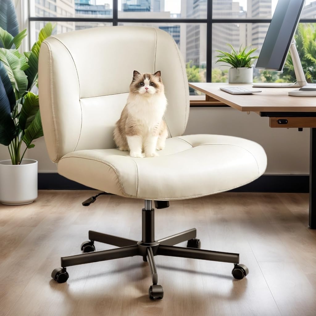 Marsail Criss Cross Chair with Wheels Wide Mid-Back Comfy Armless Office Chair Scratch-Resistant PVC Leather Cross Legged Desk