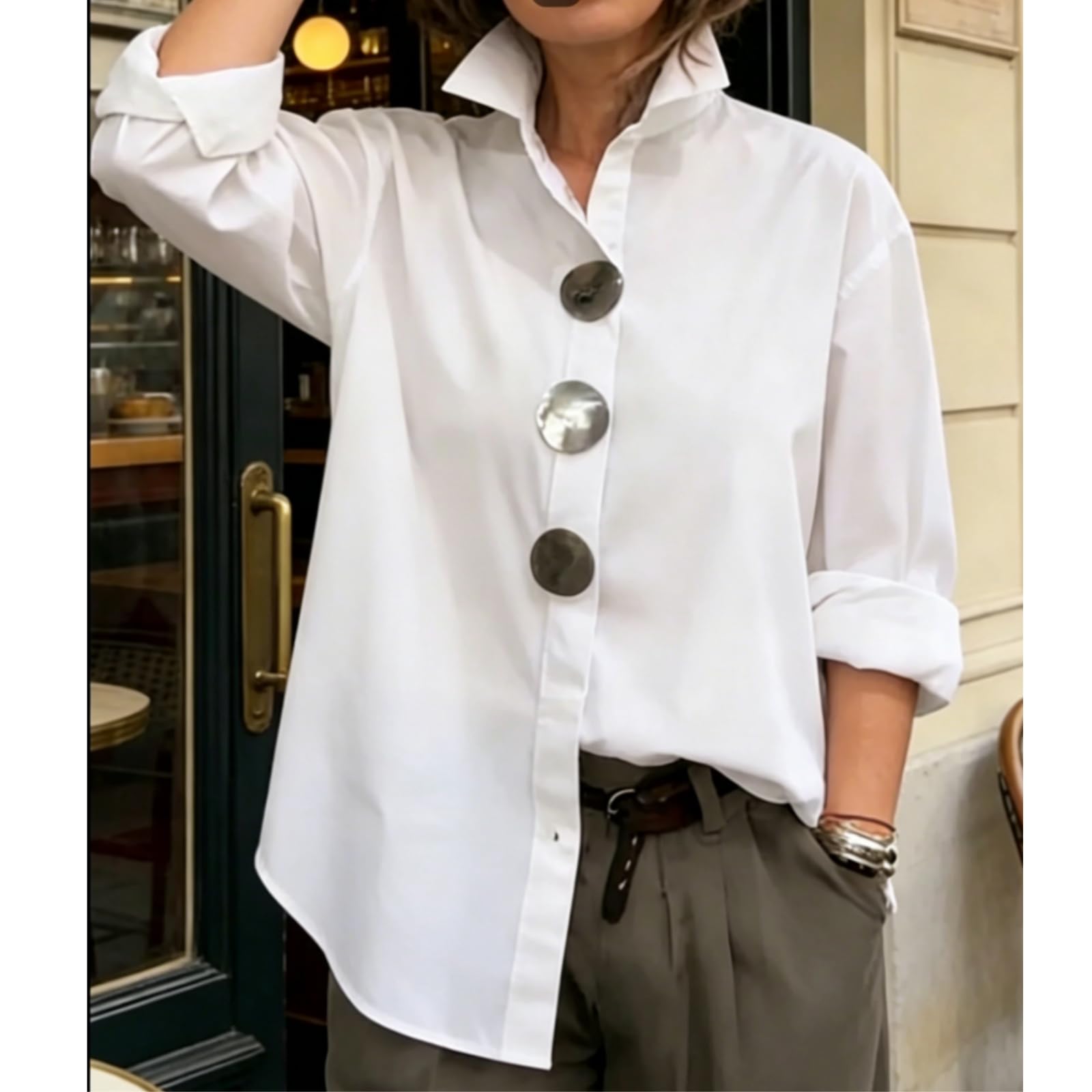 Elegante Blusa para Mujer con Cuello Alto y Botones metálicos – Camisa Oversize de Manga Larga, Top Casual de Color Liso para Primavera.